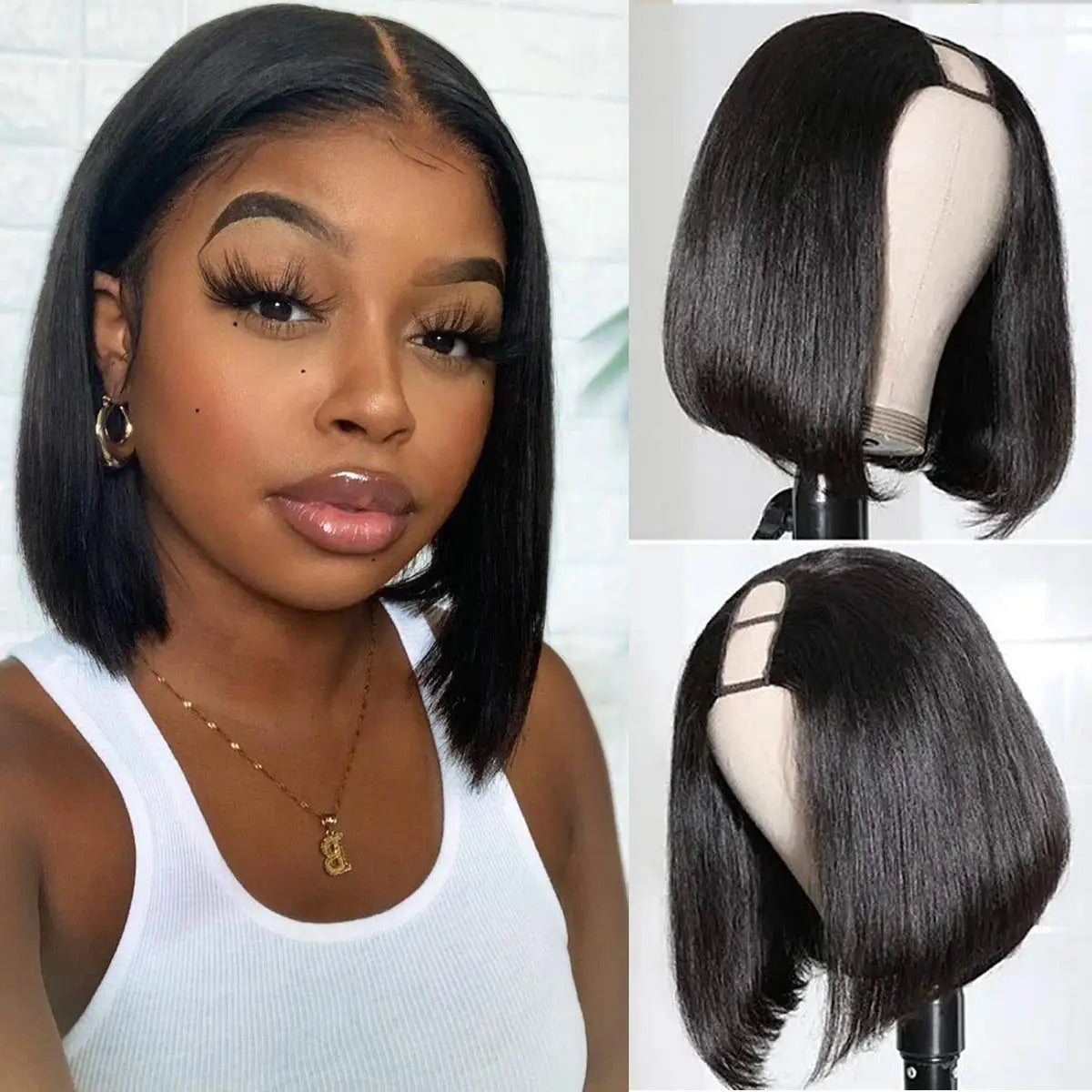 U Part Wig Straight short Bob Human Hair Wigs For Women U Shape Brazilian Remy Human Hair 250% No Leave Out Machine Made Wig