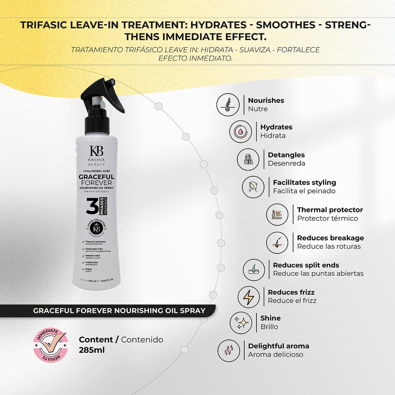Kashia Beauty. Aceite Nutritivo en Spray Graceful Forever 285 ml. Aplicación sin aclarado para un cabello radiante y saludable. Hidratación intensa, desenredante y nutrición profunda. Protector térmico.