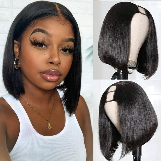 U Part Wig Straight short Bob Human Hair Wigs For Women U Shape Brazilian Remy Human Hair 250% No Leave Out Machine Made Wig