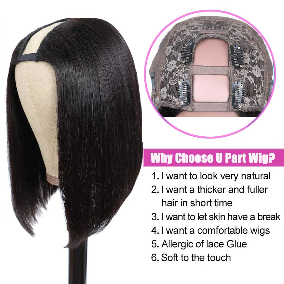 U Part Wig Straight short Bob Human Hair Wigs For Women U Shape Brazilian Remy Human Hair 250% No Leave Out Machine Made Wig