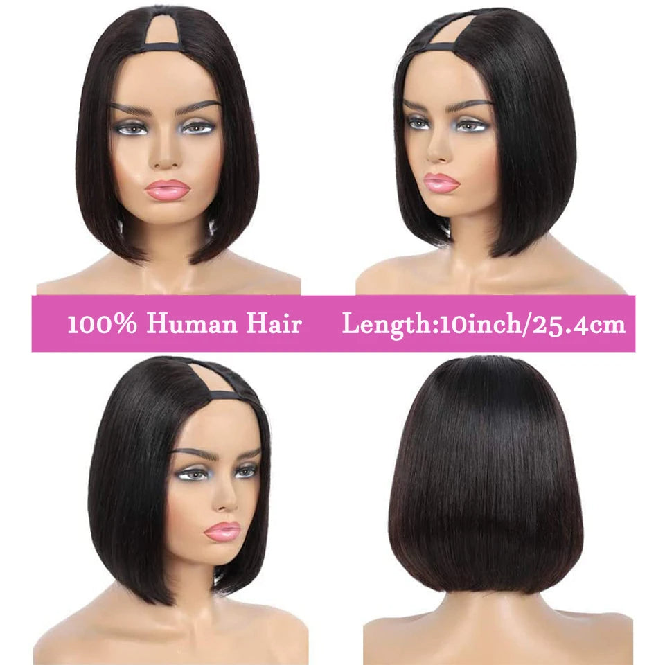 U Part Wig Straight short Bob Human Hair Wigs For Women U Shape Brazilian Remy Human Hair 250% No Leave Out Machine Made Wig
