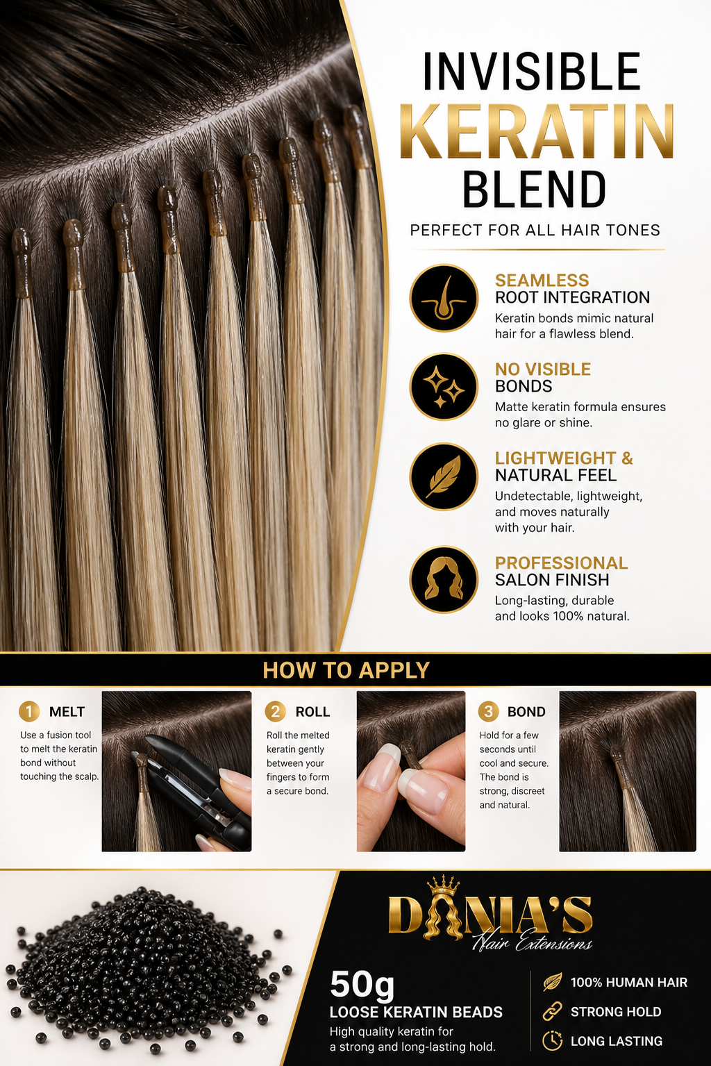 Queratina Italiana Premium — Máxima fijación, resistencia superior y resultados profesionales para extensiones de lujo.
